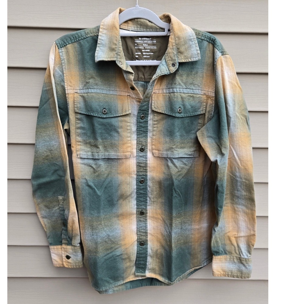 REI Co-op Mens Organic Cotton Flannel Shirt Green Yellow Plaid Medium